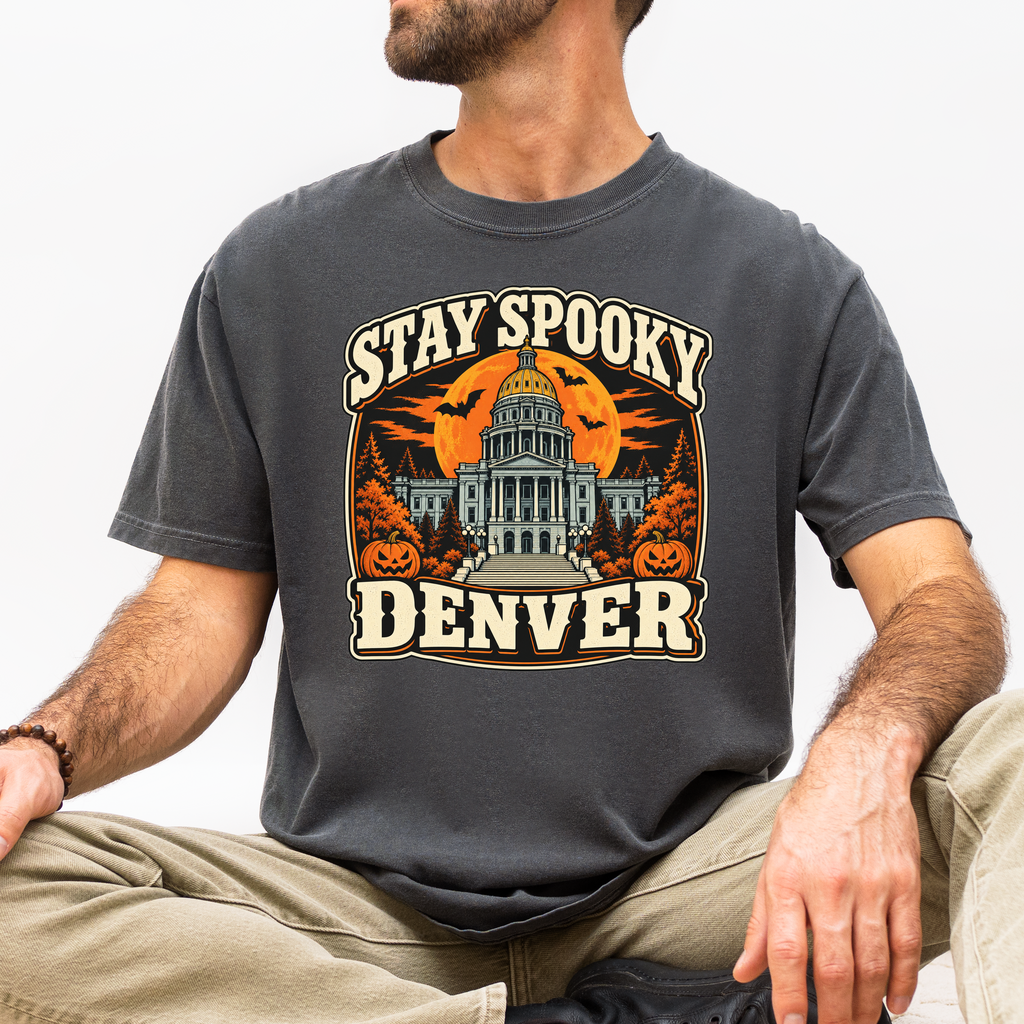 Denver Halloween T-Shirt, Colorado State Capitol, Comfort Colors Retro Pumpkin Souvenir, Spooky Season Bats