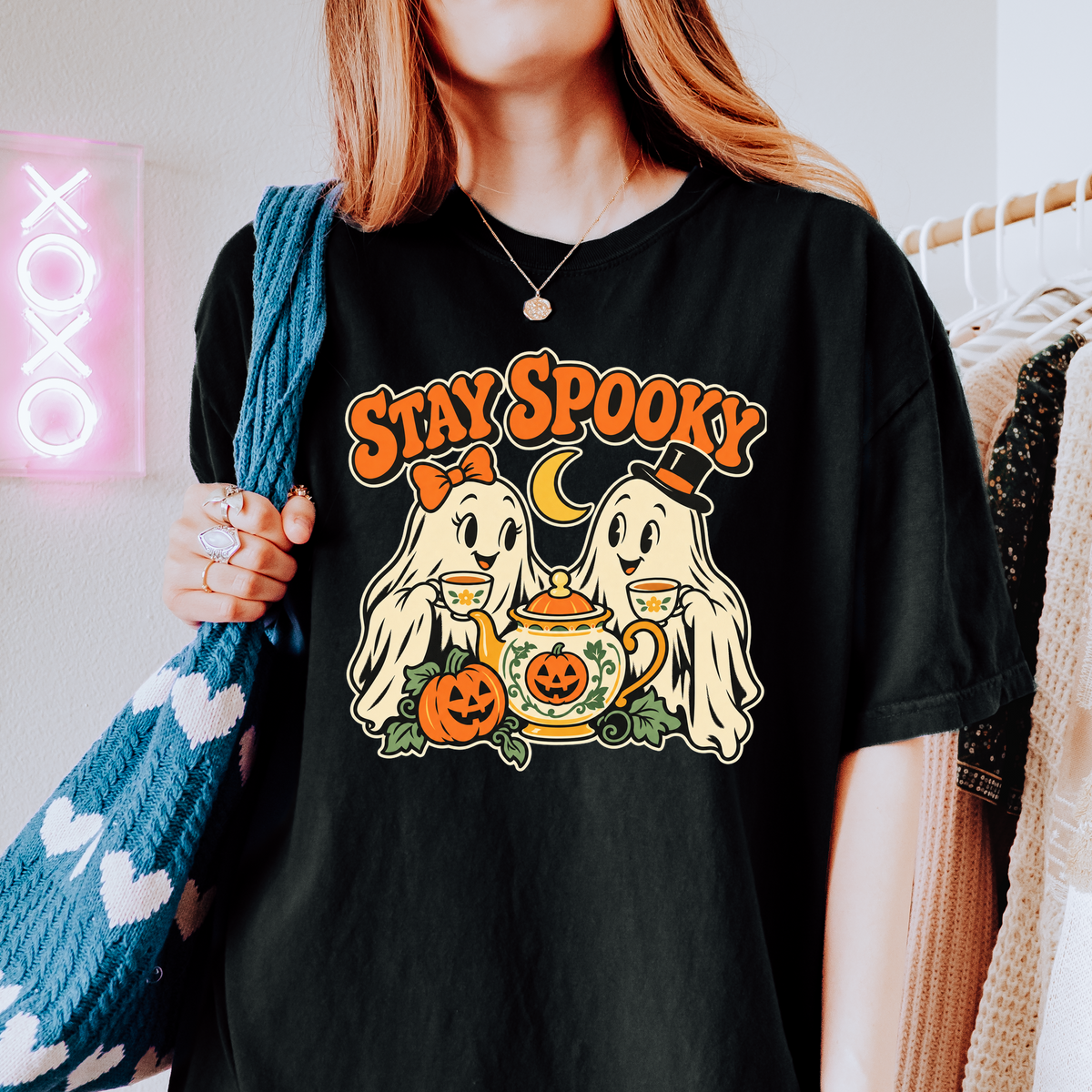 Ghost Tea Party Halloween T-Shirt, Stay Spooky Retro 1950s Cartoon, Pumpkin and Crescent, Comfort Colors