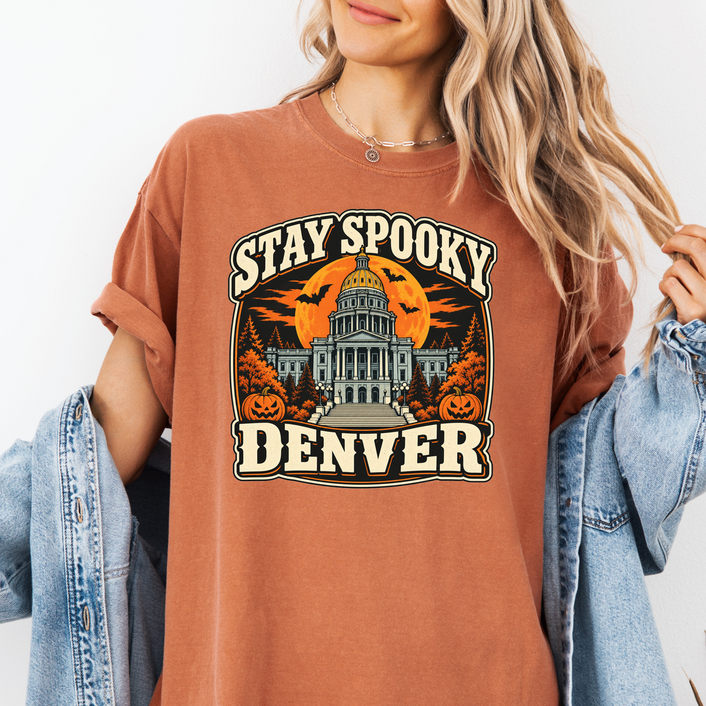 Denver Halloween T-Shirt, Colorado State Capitol, Comfort Colors Retro Pumpkin Souvenir, Spooky Season Bats