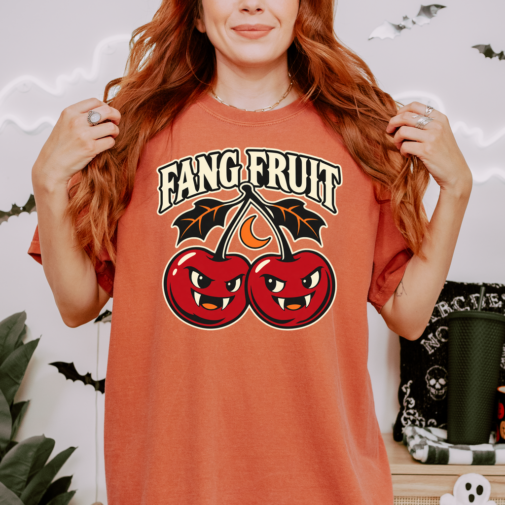Vampire Cherry Halloween T-shirt, Fang Fruit with Bat-Shaped Leaves, Minimalist Silhouette, Comfort Colors