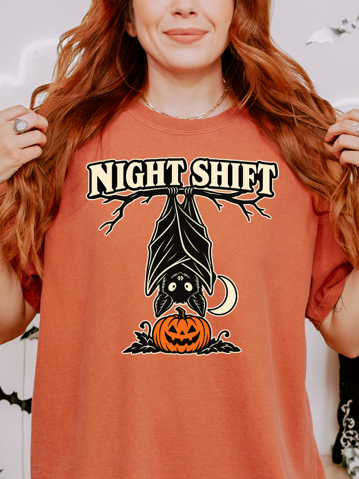 Halloween T-Shirt, Hanging Bat Night Shift Art, Comfort Colors