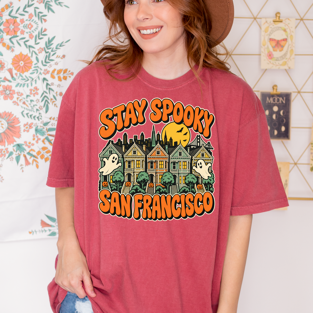 San Francisco Halloween T-Shirt, Painted Ladies Ghosts, Retro Pumpkin Art, Comfort Colors California Souvenir