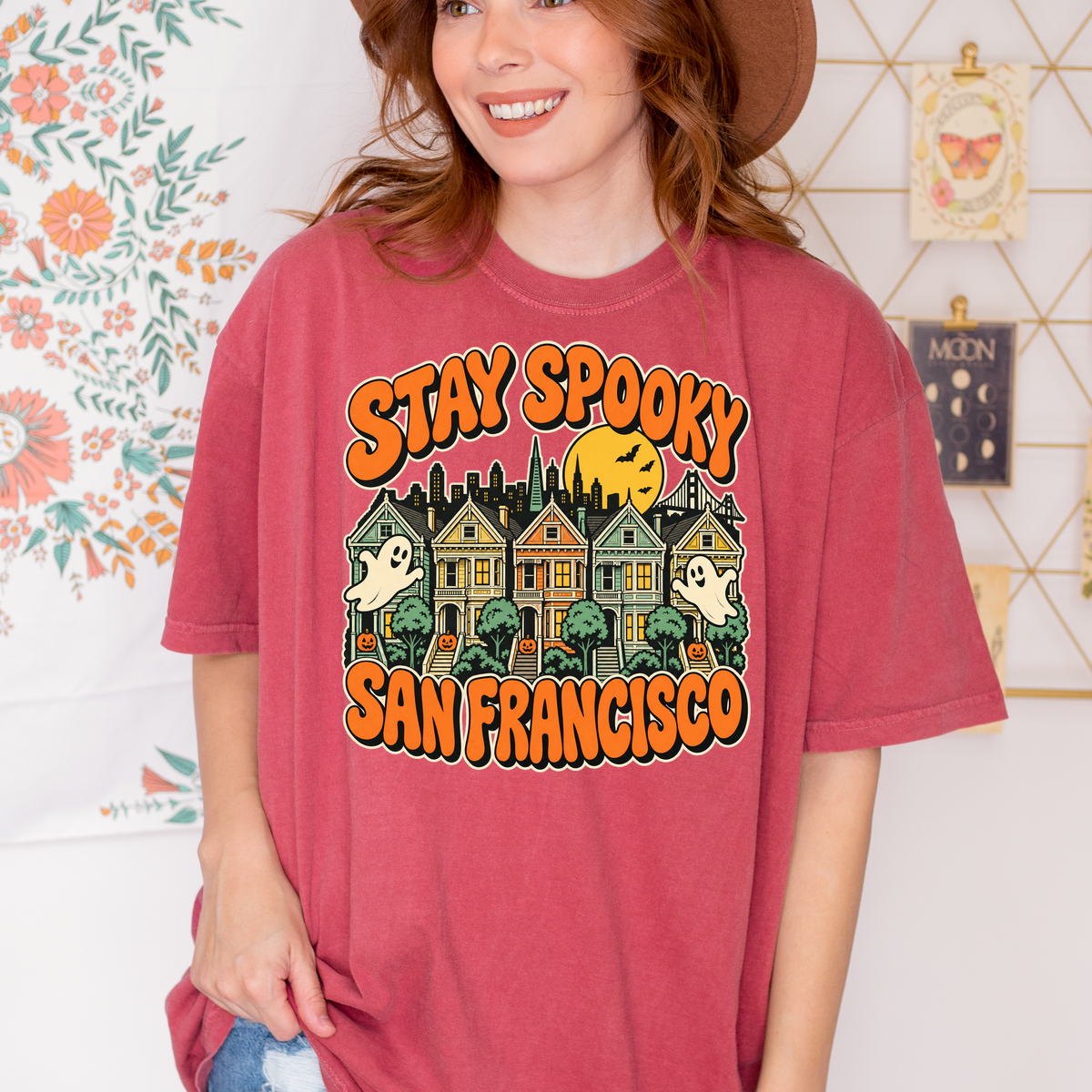 San Francisco Halloween T-Shirt, Painted Ladies Ghosts, Retro Pumpkin Art, Comfort Colors California Souvenir