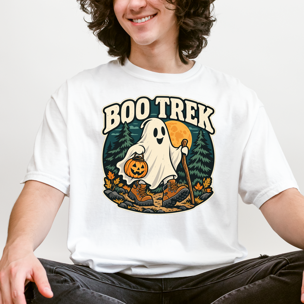 Ghost Hiking Halloween T-Shirt, Boo Trek Pumpkin Lantern, Retro Souvenir Badge, Comfort Colors