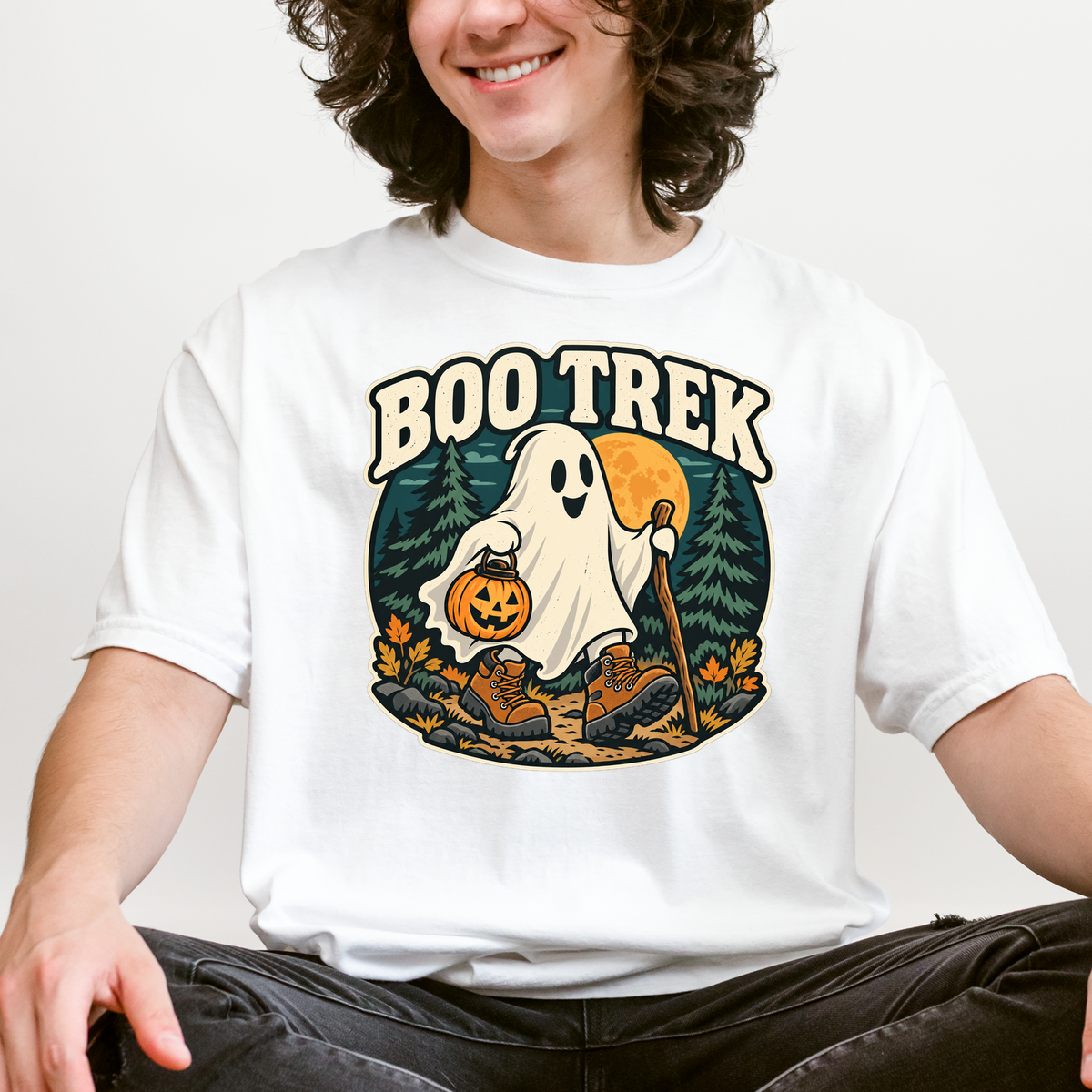 Ghost Hiking Halloween T-Shirt, Boo Trek Pumpkin Lantern, Retro Souvenir Badge, Comfort Colors