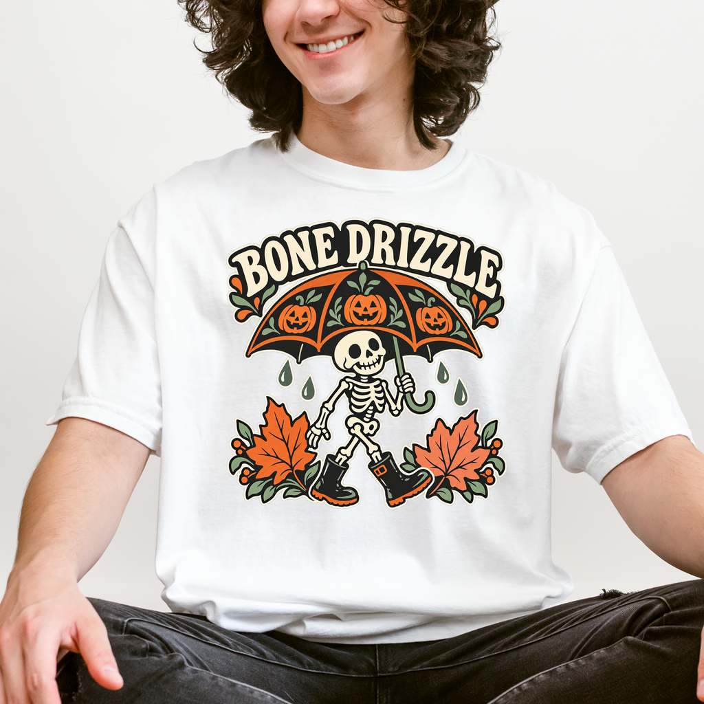 Skeleton Halloween T-Shirt, Bone Drizzle Pumpkin Umbrella, Folk Art Spooky Season, Comfort Colors