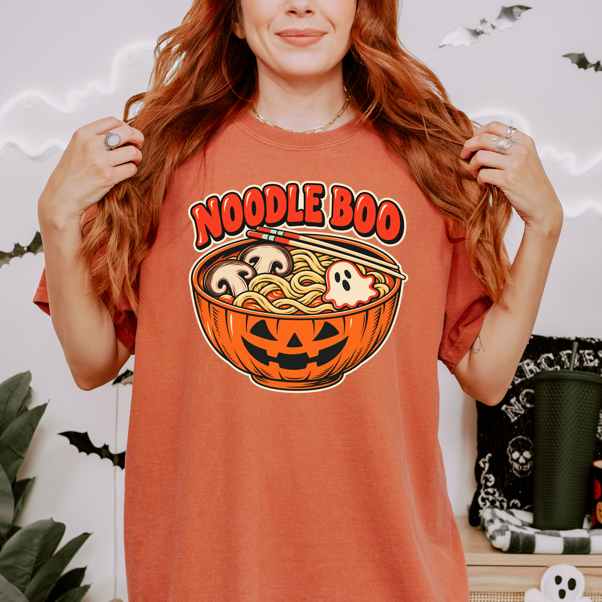 Pumpkin Ramen Halloween T-Shirt, Noodle Boo Jack-o-Lantern Bowl, Retro Diner Ghost Fish Cake, Comfort Colors