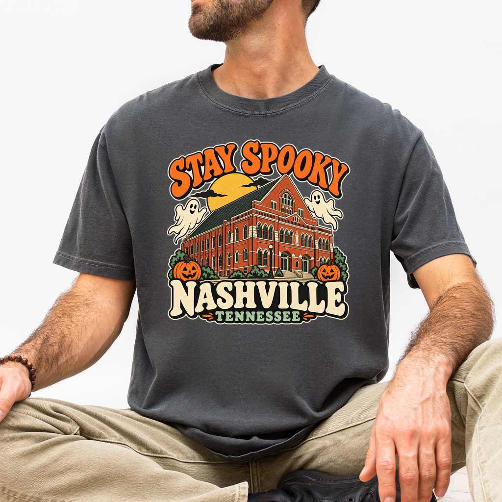 Nashville Halloween T-Shirt, Ryman Auditorium Retro Ghost and Pumpkin Design, Tennessee Souvenir, Comfort Colors