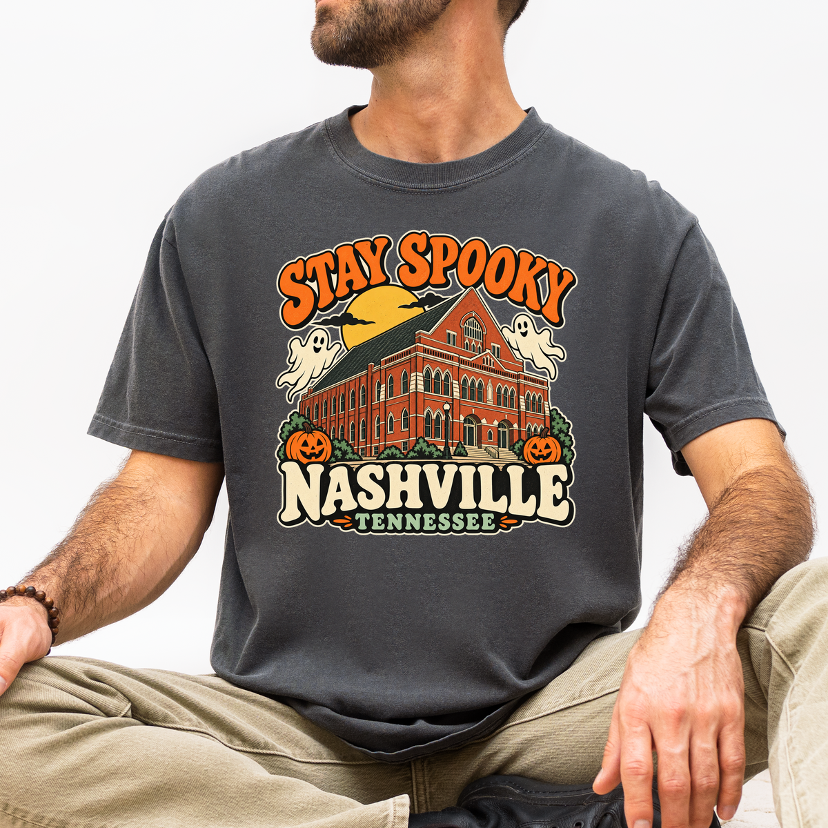 Nashville Halloween T-Shirt, Ryman Auditorium Retro Ghost and Pumpkin Design, Tennessee Souvenir, Comfort Colors