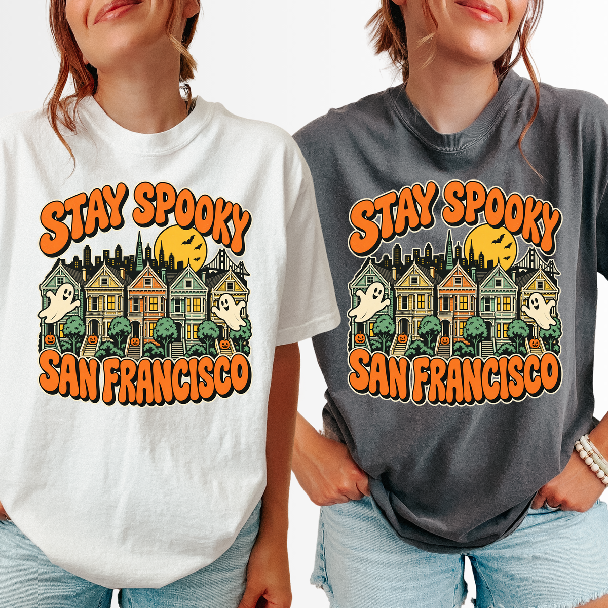 San Francisco Halloween T-Shirt, Painted Ladies Ghosts, Retro Pumpkin Art, Comfort Colors California Souvenir