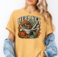 Witch's Apothecary Halloween T-Shirt, Herb Hex Mortar and Mushroom Woodcut, Pumpkin Folk Art, Comfort Colors