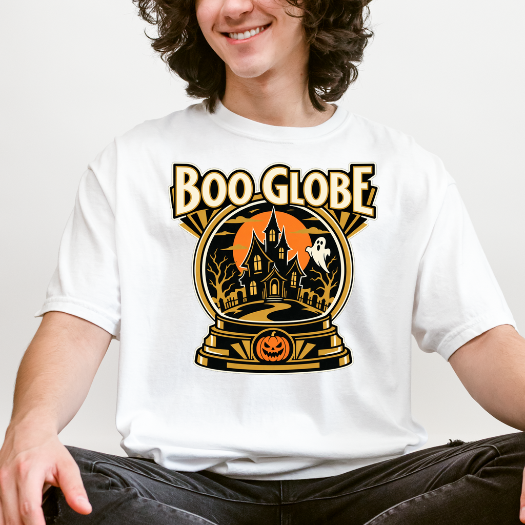 Haunted Snow Globe Halloween T-Shirt, Boo Globe Haunted House, Art Deco Pumpkin and Ghost, Comfort Colors Spooky Season