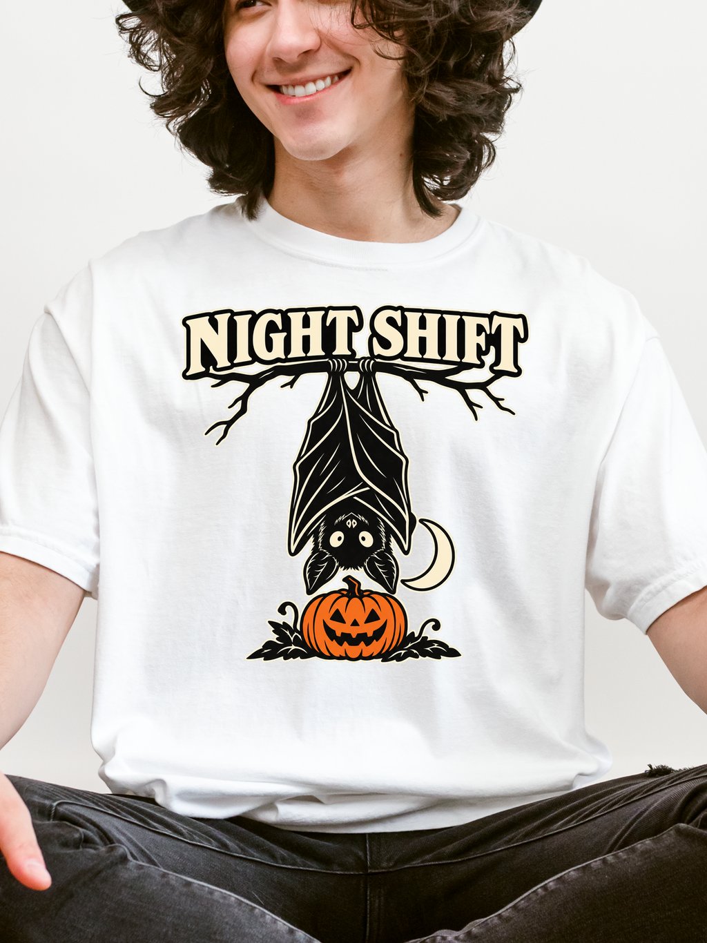 Halloween T-Shirt, Hanging Bat Night Shift Art, Comfort Colors