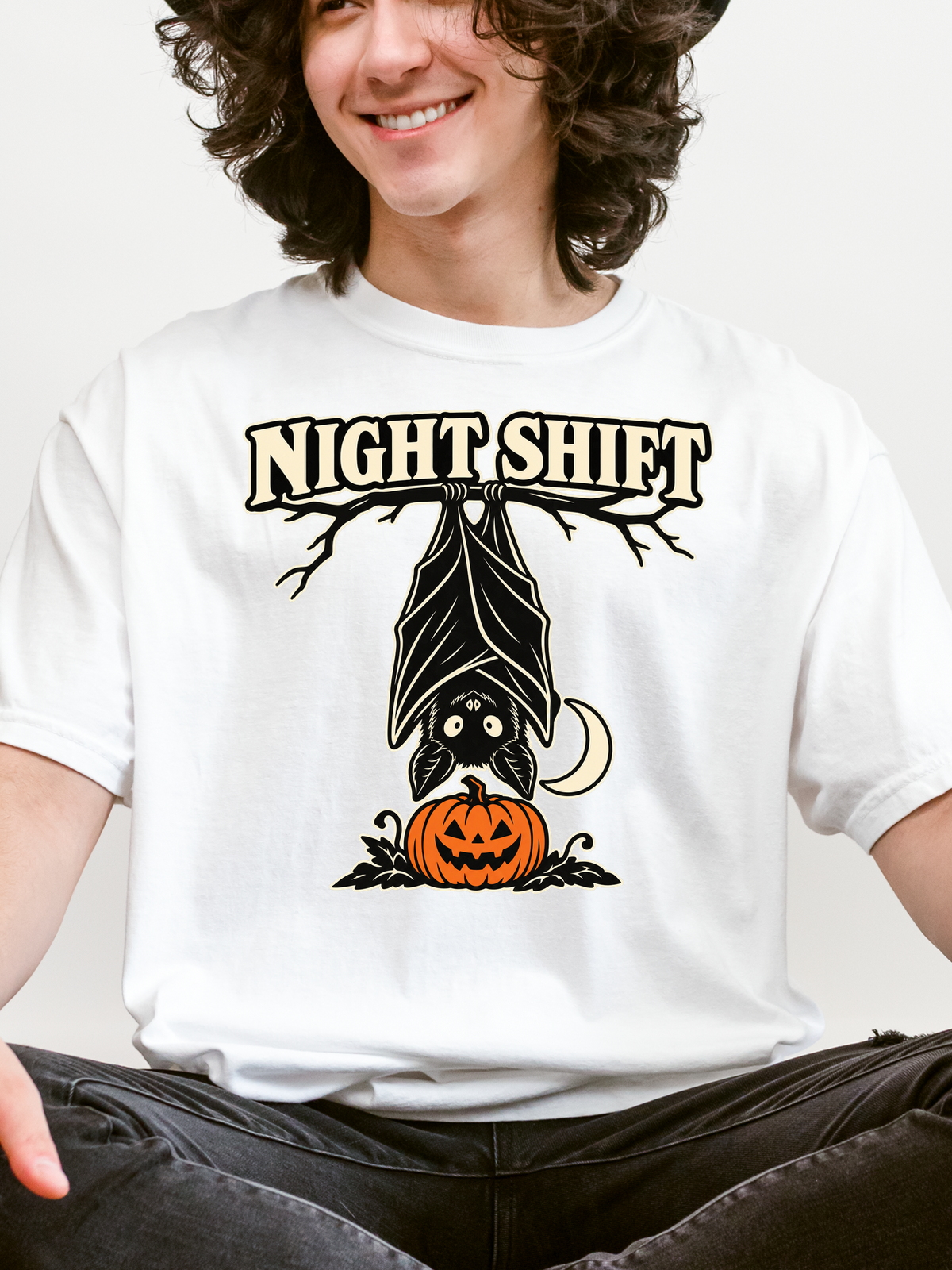 Halloween T-Shirt, Hanging Bat Night Shift Art, Comfort Colors