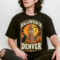 Denver Halloween T-Shirt, Daniels and Fisher Tower, Comfort Colors, Retro Black Cat and Pumpkin Souvenir