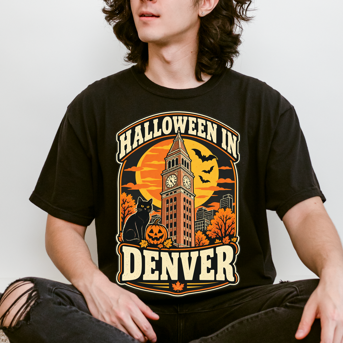 Denver Halloween T-Shirt, Daniels and Fisher Tower, Comfort Colors, Retro Black Cat and Pumpkin Souvenir
