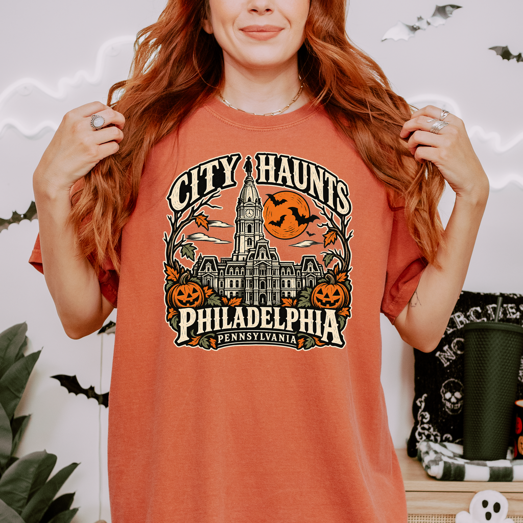 Philadelphia Halloween T-Shirt, City Hall Woodcut Folk Art, Pumpkin Lanterns, Pennsylvania Souvenir, Comfort Colors