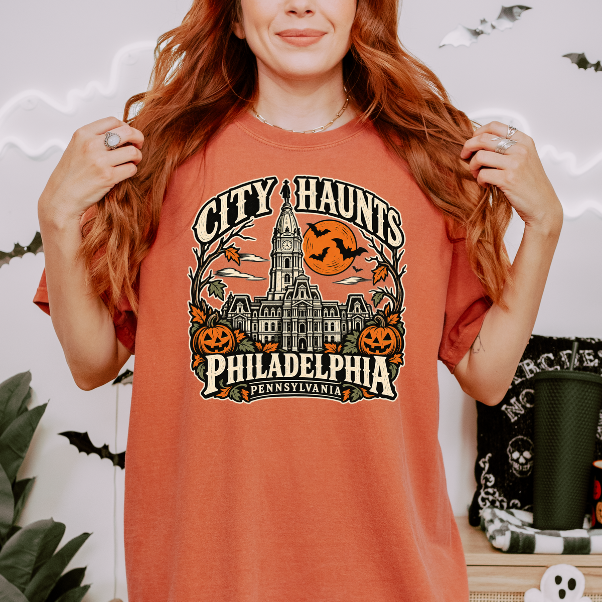Philadelphia Halloween T-Shirt, City Hall Woodcut Folk Art, Pumpkin Lanterns, Pennsylvania Souvenir, Comfort Colors