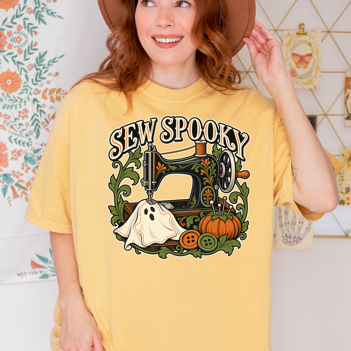 Sewing Machine Halloween T-Shirt, Sew Spooky Ghost Patch, Art Nouveau Pumpkin Design, Comfort Colors
