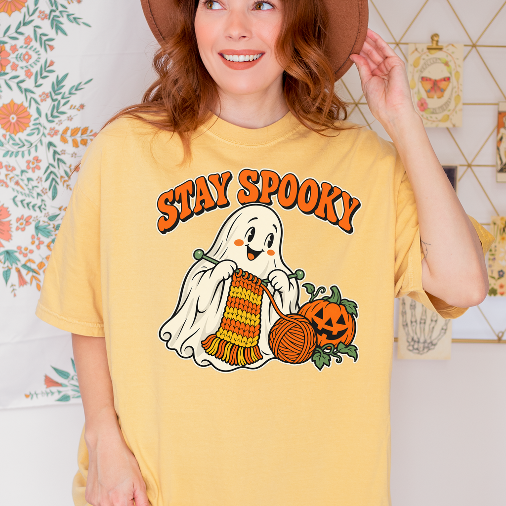 Ghost Halloween T-Shirt, Stay Spooky Knitting Design, Retro 1950s Cartoon Pumpkin, Comfort Colors