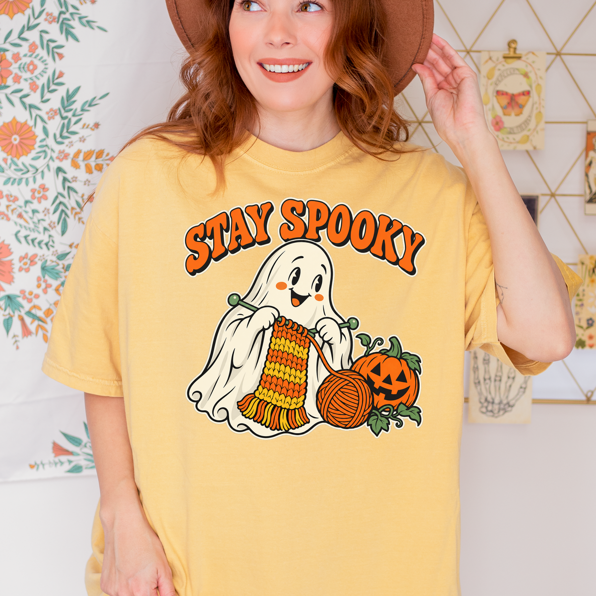 Ghost Halloween T-Shirt, Stay Spooky Knitting Design, Retro 1950s Cartoon Pumpkin, Comfort Colors