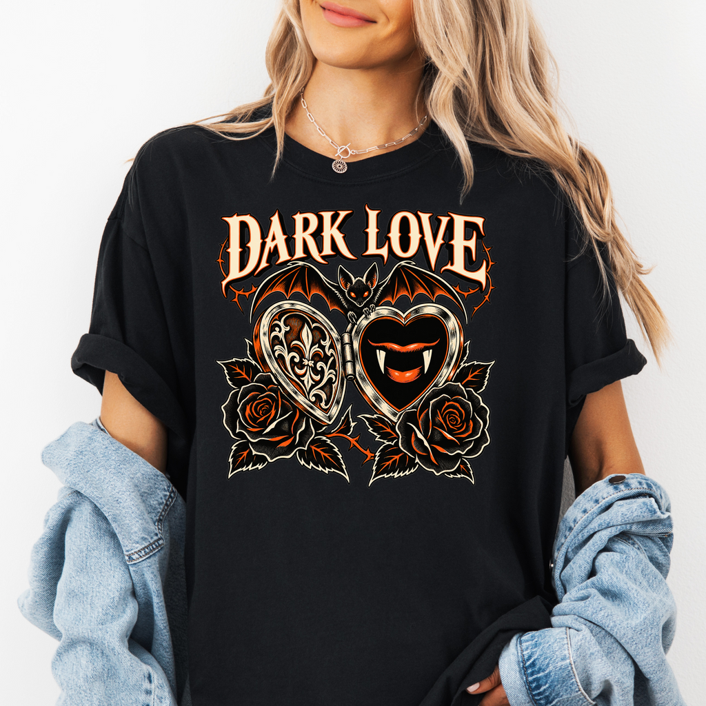 Vampire Heart Locket Halloween T-Shirt, Dark Love Gothic Woodcut, Bat and Black Roses, Comfort Colors