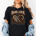 Vampire Heart Locket Halloween T-Shirt, Dark Love Gothic Woodcut, Bat and Black Roses, Comfort Colors