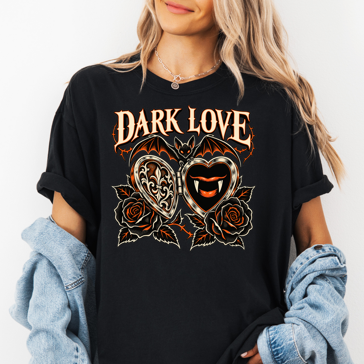 Vampire Heart Locket Halloween T-Shirt, Dark Love Gothic Woodcut, Bat and Black Roses, Comfort Colors