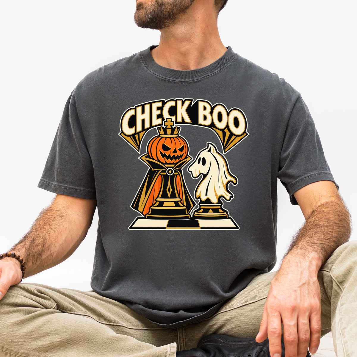 Pumpkin Chess Halloween T-Shirt, Check Boo King and Ghost Knight, Art Deco Spooky Season, Comfort Colors