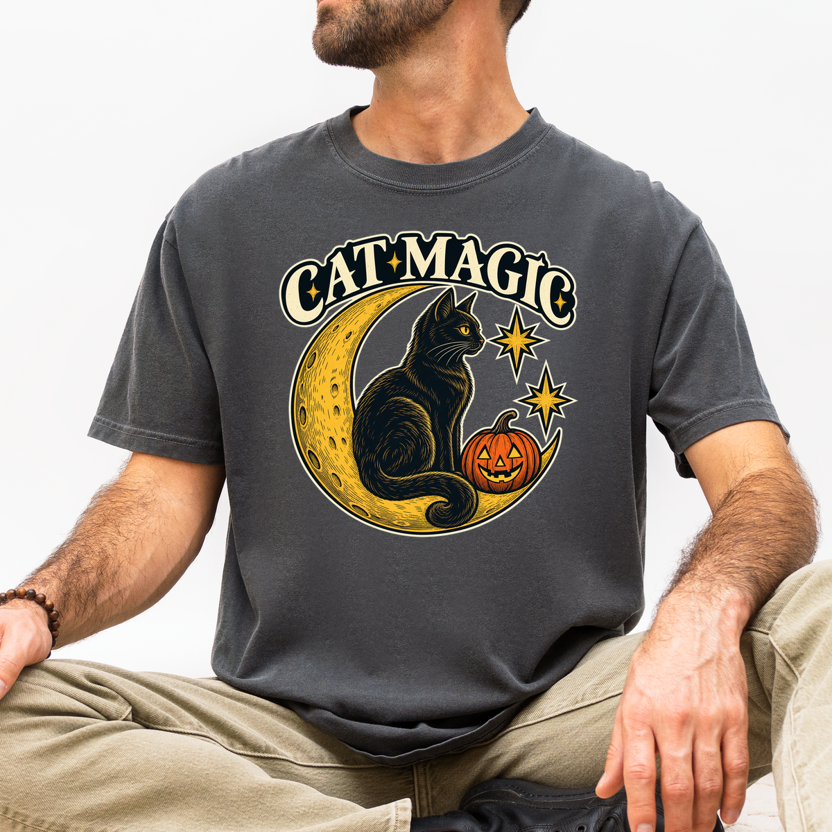 Black Cat Halloween T-Shirt, Cat Magic Crescent Moon, Celestial Pumpkin Art, Antique Linework, Comfort Colors