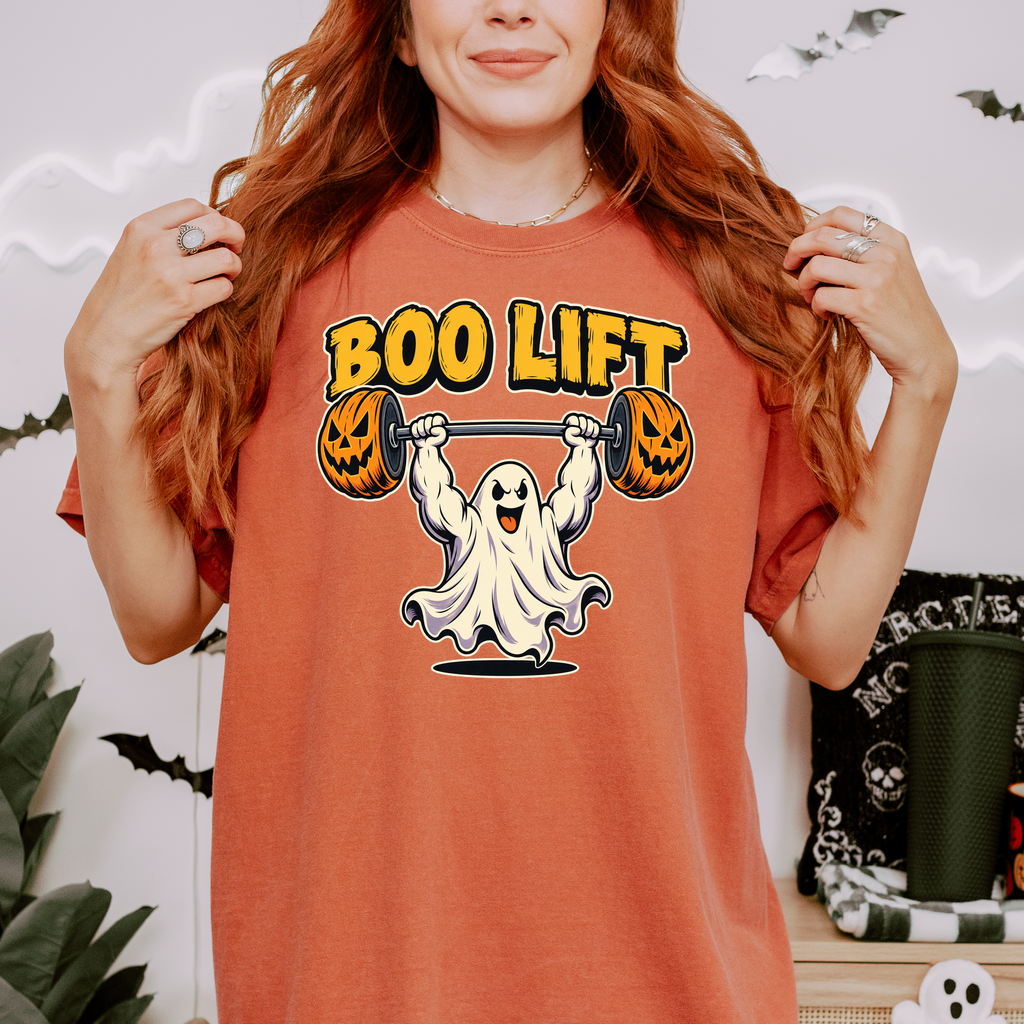 Ghost Weightlifter Halloween T-Shirt, Boo Lift Pumpkin Barbell, Retro Comic Illustration, Comfort Colors