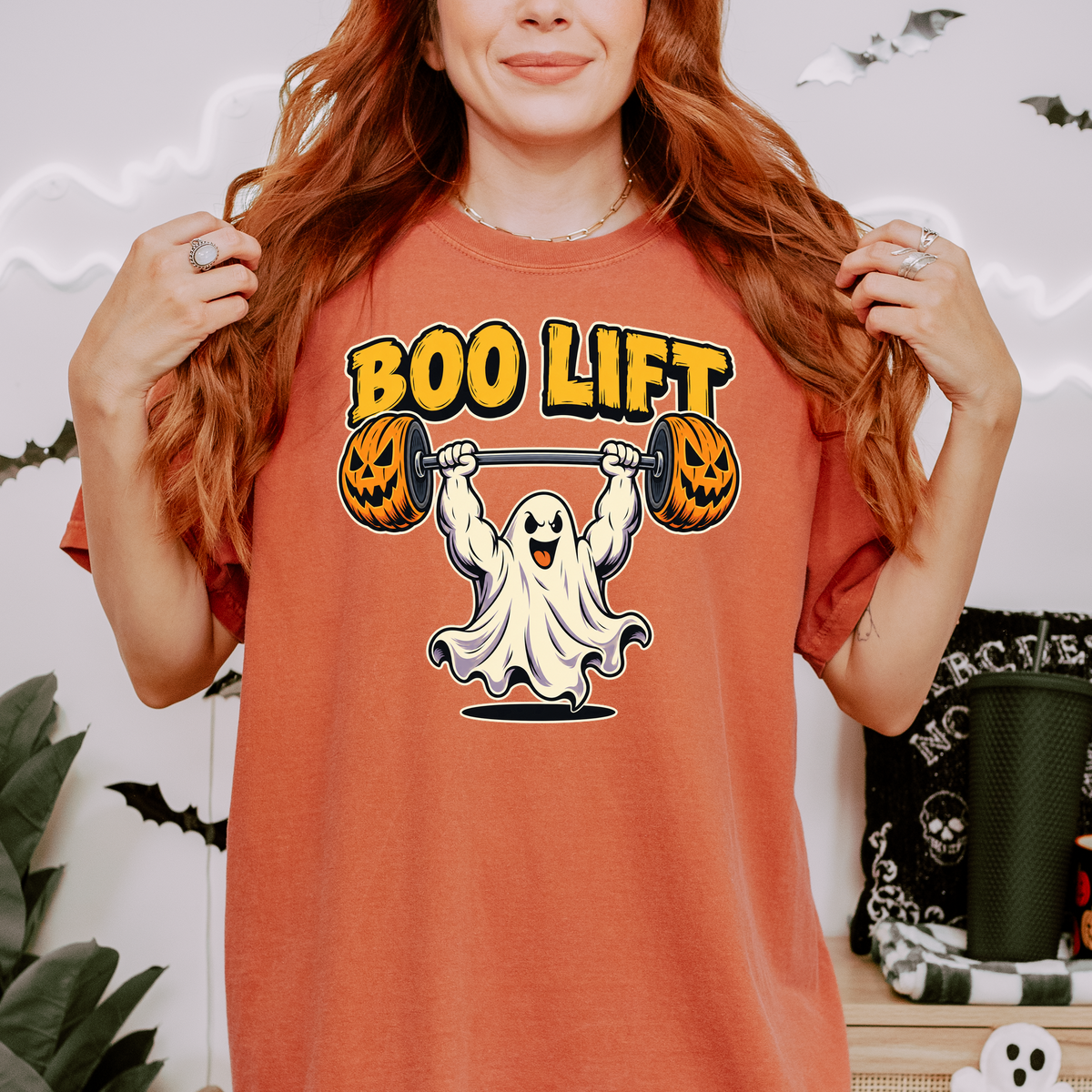 Ghost Weightlifter Halloween T-Shirt, Boo Lift Pumpkin Barbell, Retro Comic Illustration, Comfort Colors
