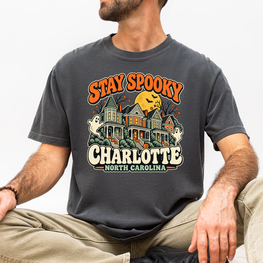 Charlotte Halloween T-Shirt, Fourth Ward Victorian Houses, Retro Ghosts and Pumpkins, Comfort Colors North Carolina