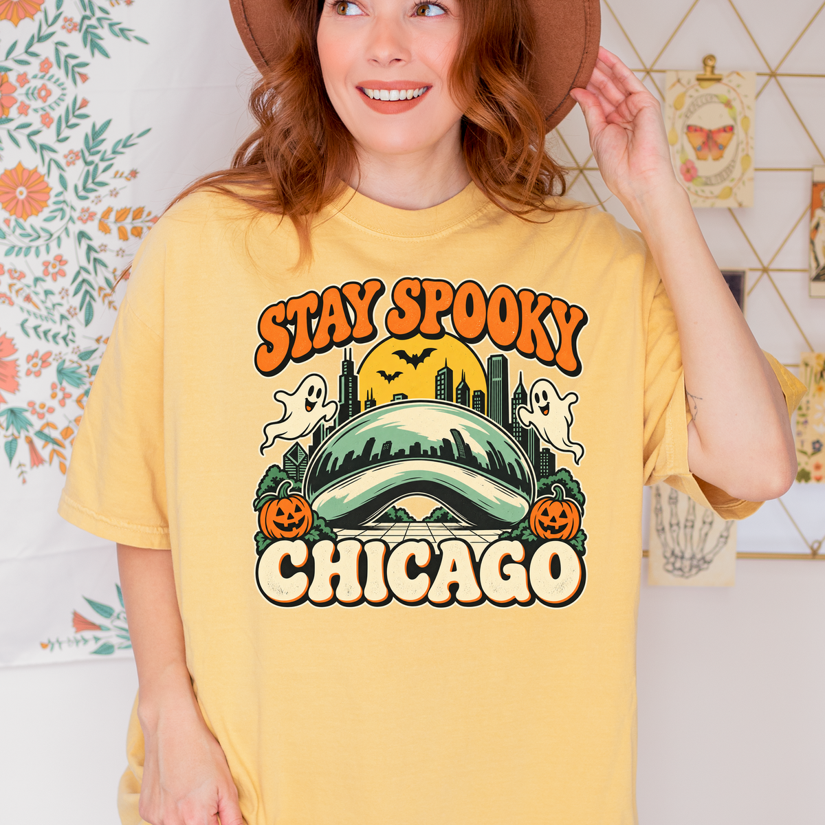Chicago Halloween T-Shirt, Illinois Cloud Gate Retro Cartoon, Stay Spooky Pumpkin Ghost Comfort Colors Souvenir