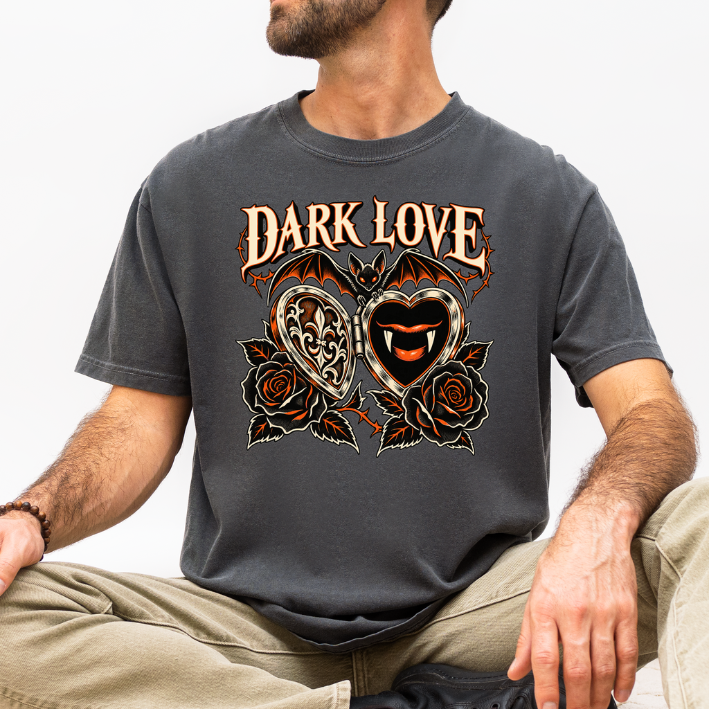 Vampire Heart Locket Halloween T-Shirt, Dark Love Gothic Woodcut, Bat and Black Roses, Comfort Colors