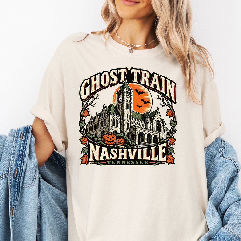 Nashville Halloween T-Shirt, Union Station Ghost Train, Comfort Colors, Woodcut Folk Art, Pumpkin Tennessee Souvenir