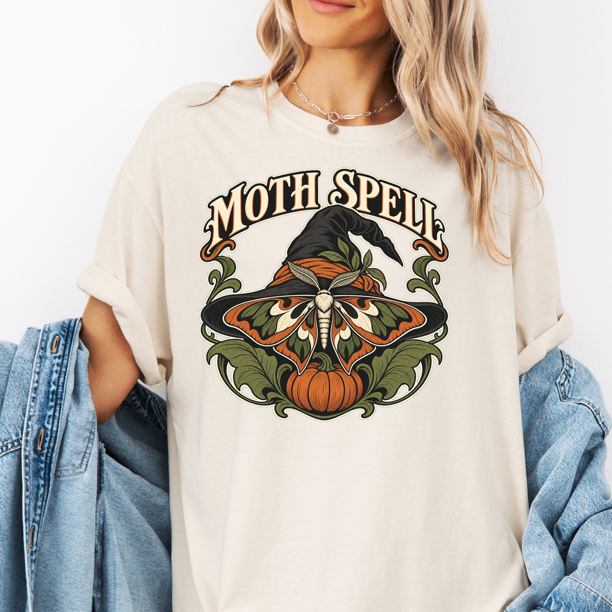 Moth Wing Witch Hat Halloween T-Shirt, Art Nouveau Pumpkin Botanical Design, Comfort Colors Spooky Season
