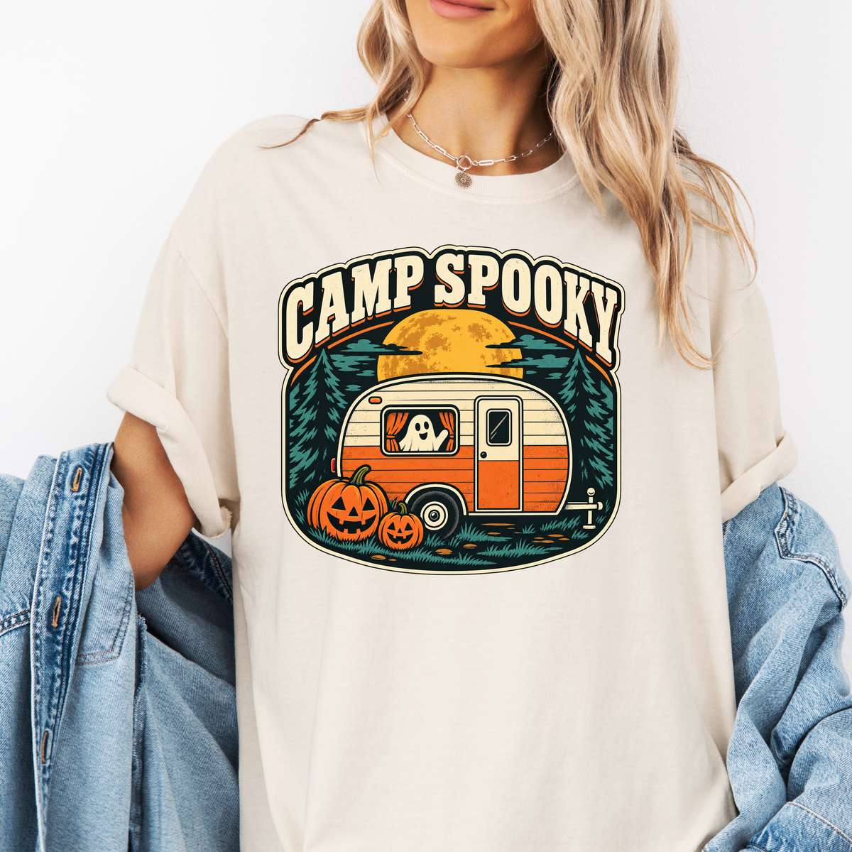 Pumpkin Camper Halloween T-Shirt, Camp Spooky Ghost Trailer, Retro Harvest Moon, Comfort Colors
