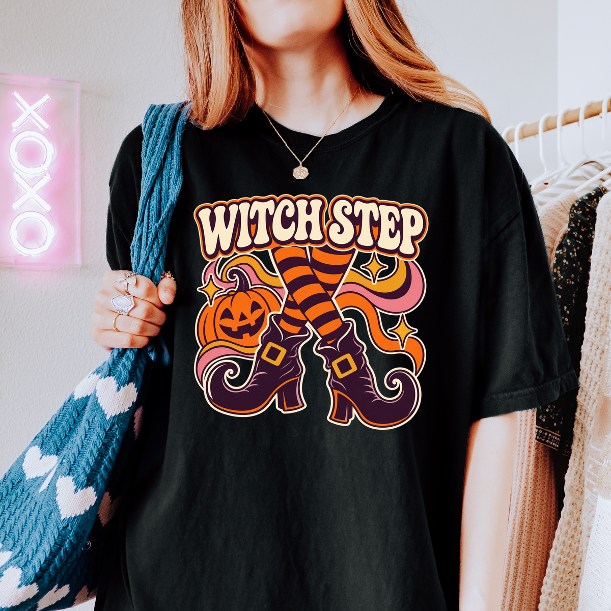 Dancing Witch Boots Halloween T-Shirt, Witch Step Pumpkin Design, 1970s Psychedelic Art, Comfort Colors