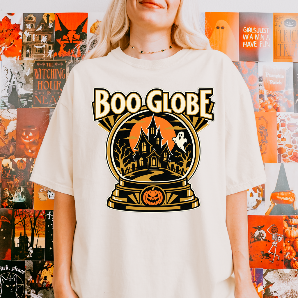 Haunted Snow Globe Halloween T-Shirt, Boo Globe Haunted House, Art Deco Pumpkin and Ghost, Comfort Colors Spooky Season
