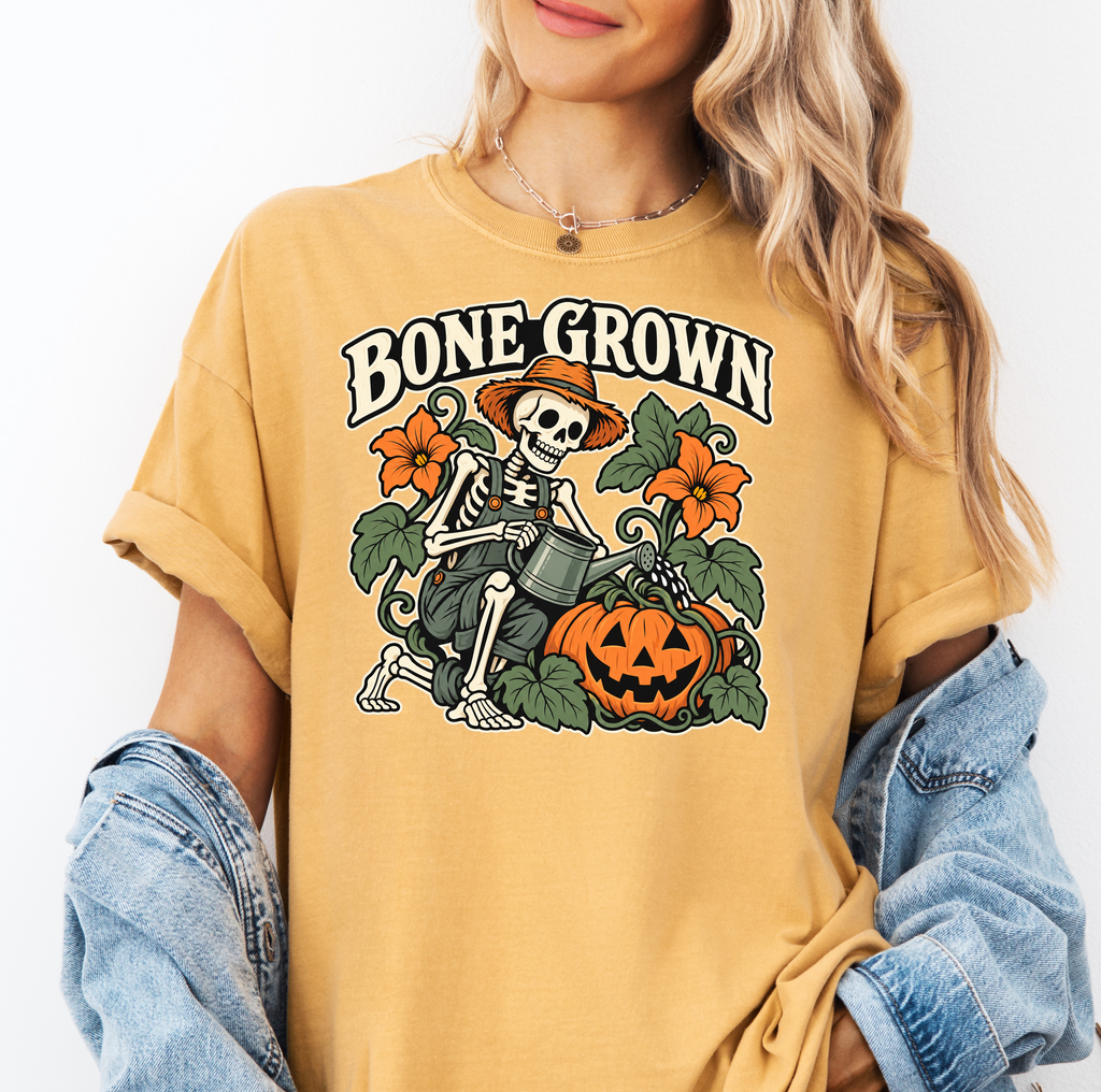 Skeleton Halloween T-Shirt, Bone Grown Pumpkin Garden Folk Art, Botanical Spooky Season Comfort Colors
