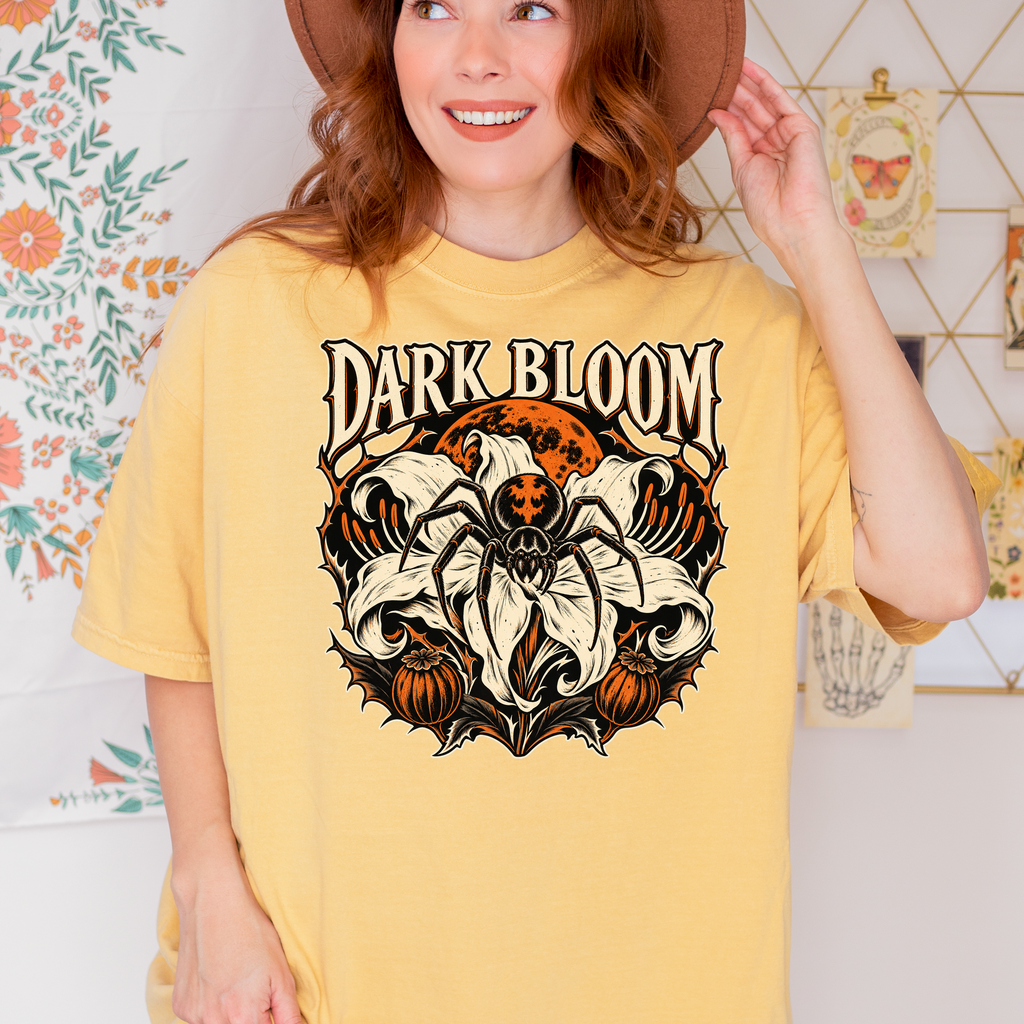 Spider Lily Halloween T-Shirt, Dark Bloom Gothic Woodcut, Orange Moon and Pumpkin Pods, Comfort Colors