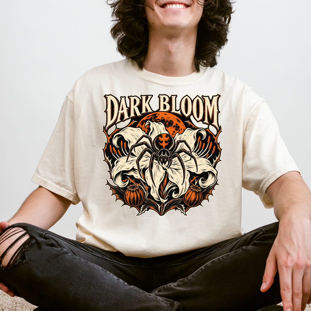 Spider Lily Halloween T-Shirt, Dark Bloom Gothic Woodcut, Orange Moon and Pumpkin Pods, Comfort Colors