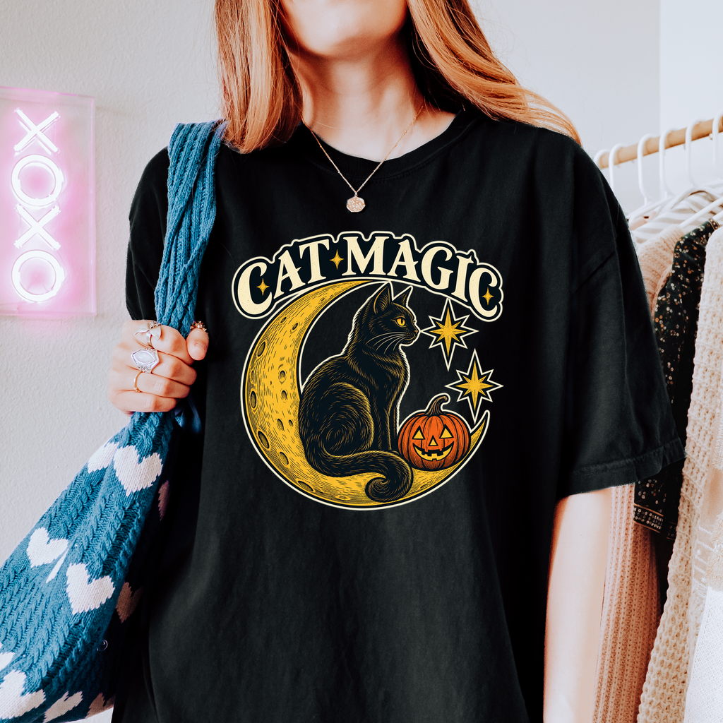 Black Cat Halloween T-Shirt, Cat Magic Crescent Moon, Celestial Pumpkin Art, Antique Linework, Comfort Colors