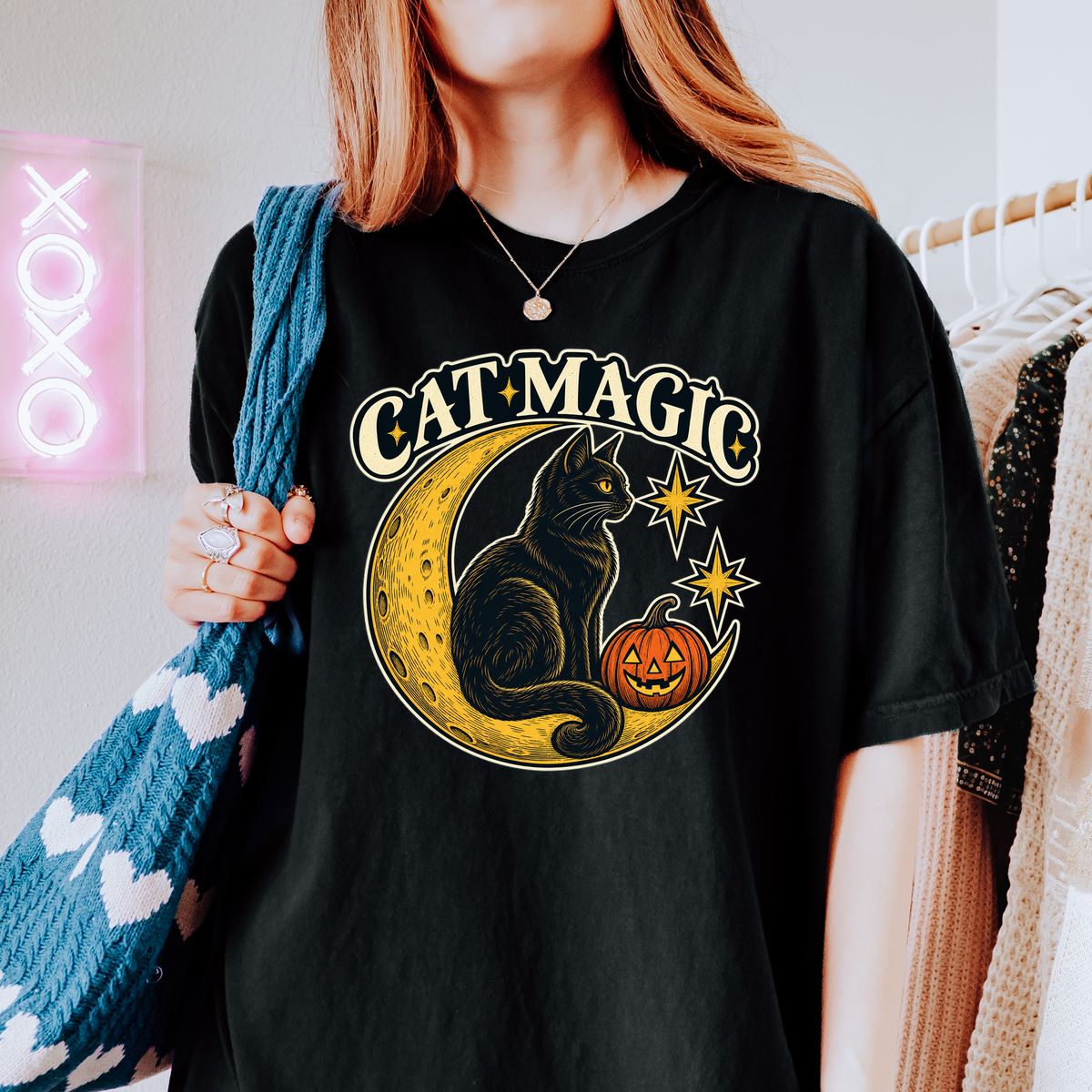 Black Cat Halloween T-Shirt, Cat Magic Crescent Moon, Celestial Pumpkin Art, Antique Linework, Comfort Colors