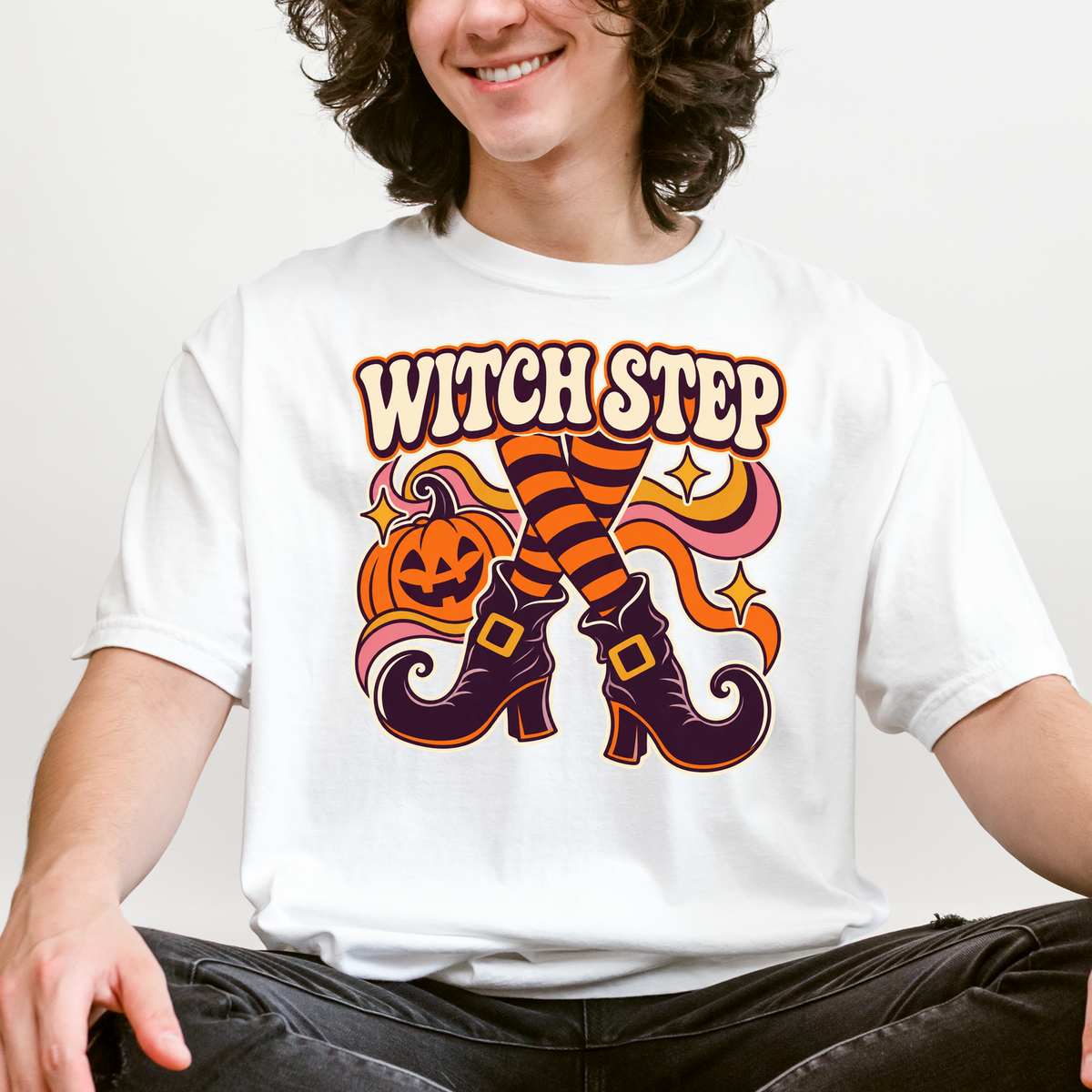 Dancing Witch Boots Halloween T-Shirt, Witch Step Pumpkin Design, 1970s Psychedelic Art, Comfort Colors