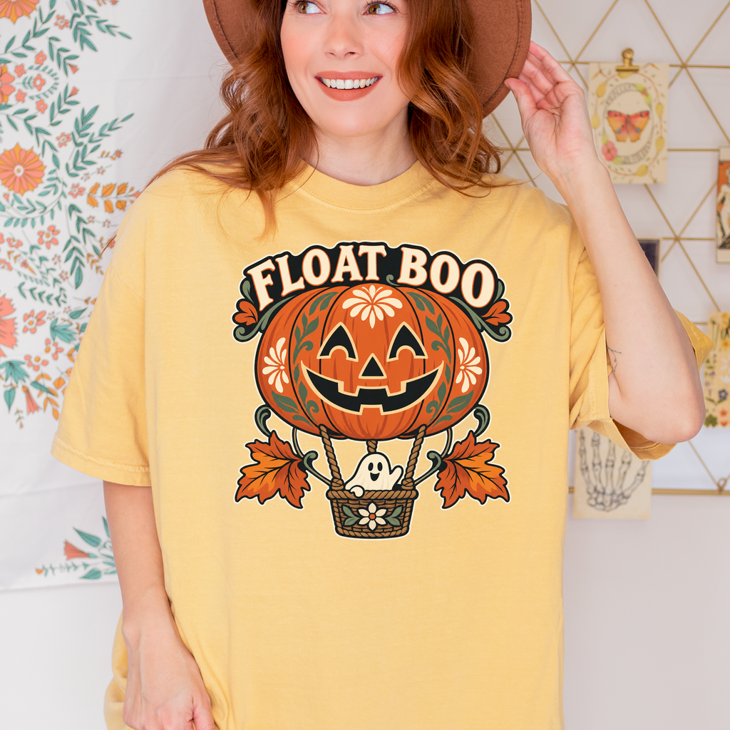 Pumpkin Hot Air Balloon Halloween T-Shirt, Friendly Ghost Basket, Folk Art Spooky Season, Comfort Colors