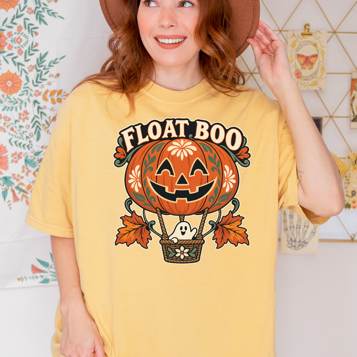 Pumpkin Hot Air Balloon Halloween T-Shirt, Friendly Ghost Basket, Folk Art Spooky Season, Comfort Colors