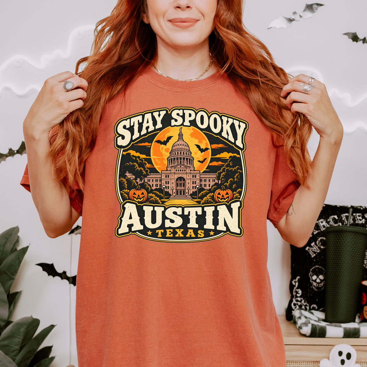 Austin Halloween T-Shirt, Texas State Capitol, Comfort Colors Retro Pumpkin Moon Souvenir, Stay Spooky Texas