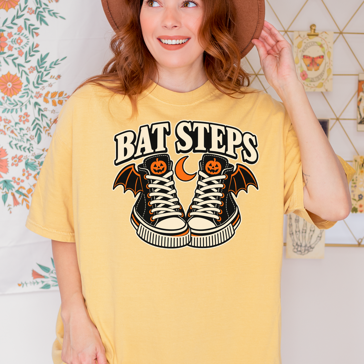 Bat Wing Sneakers Halloween T-Shirt, Bat Steps Pumpkin Design, Minimalist Spooky Season, Comfort Colors